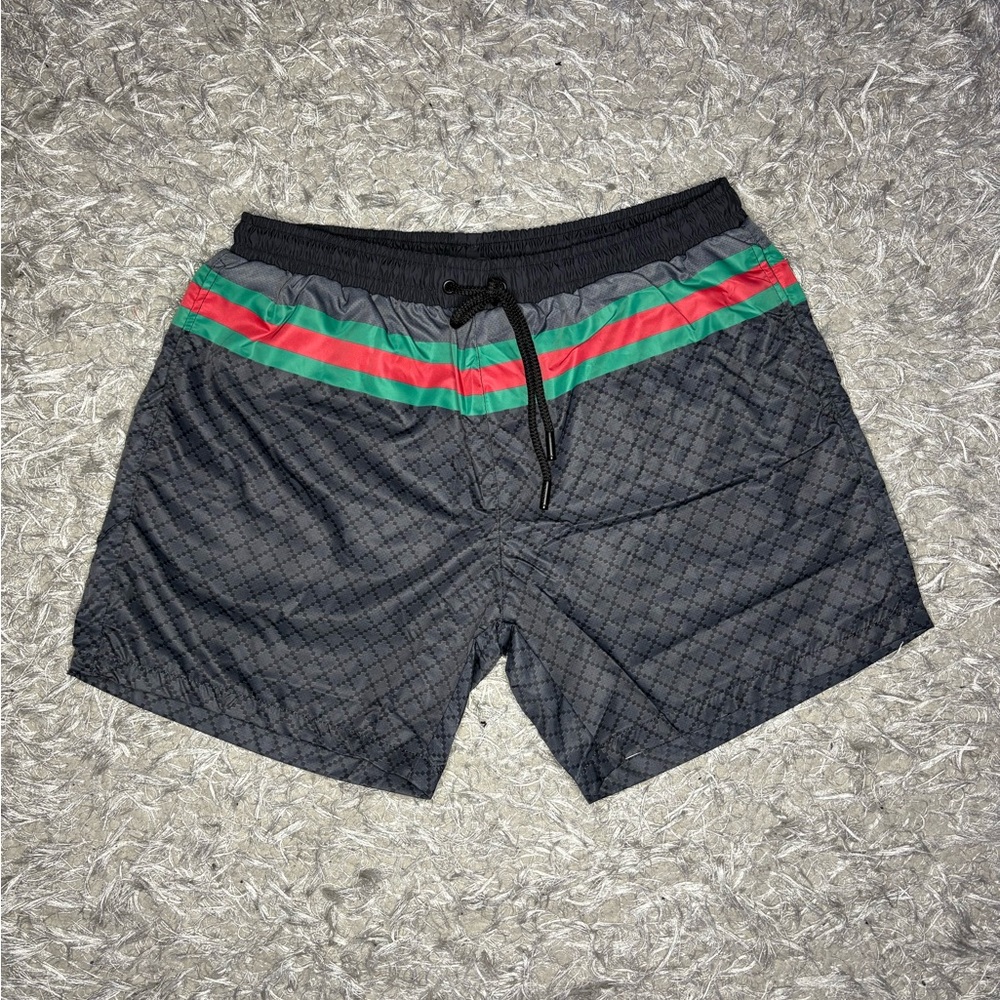 Gucci Black Swim Trunks with Red and Green Stripes